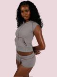 Waffle Hooded Zipper Top Drawstring Shorts Two Piece Set