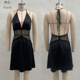 Short deep V-stitch neck and waist cinching dress