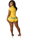 Letter print half zip short sleeved top, tight shorts two-piece set