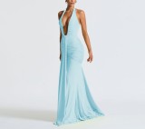 Hanging neck deep V-waist long skirt with exposed back and floating ribbon fish tail dress