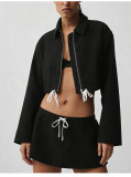 Waist rope strip breathable stand up collar zipper jacket short skirt set A1038521405247