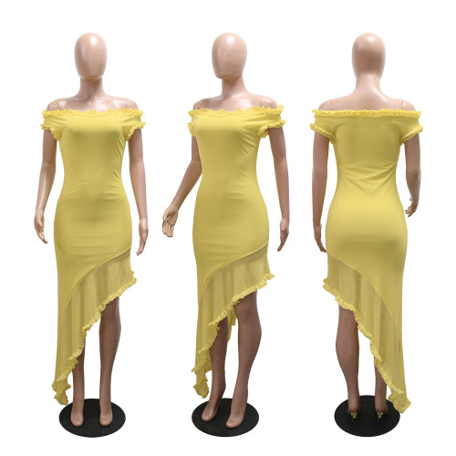 One shoulder irregular mushroom edge short sleeved dress