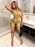 High neck printed letter sleeveless mesh sand jumpsuit shorts set