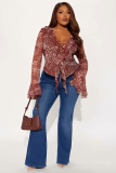 Lace up ruffle animal pattern top
