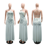 Lace up sleeveless sequin split waist dress