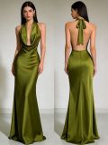 Hanging neck satin dress long skirt