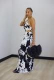 Sleeveless hollow backless long skirt with ink print jumpsuit