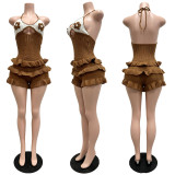 Knitted hand hooked ruffle edge hanging neck strap hollow jumpsuit