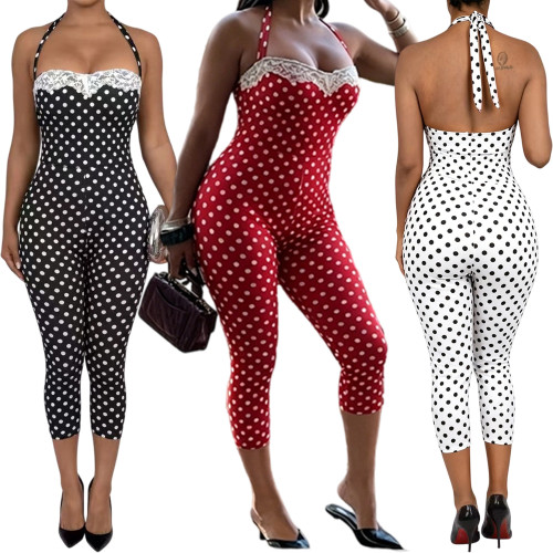 Wave point splicing lace lace hanging neck strap one-piece pants