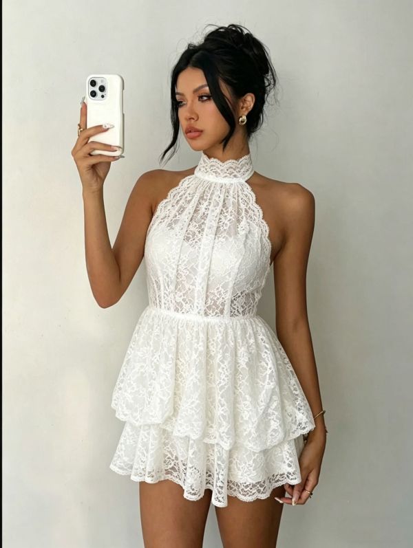 Lace backless neck hanging short skirt