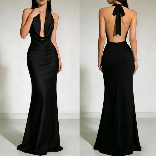 Hanging neck satin dress long skirt