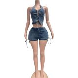 Neck strap high elasticity washed denim two-piece set
