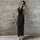 Backless pleated neck hanging long skirt