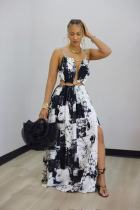 Sleeveless hollow backless long skirt with ink print jumpsuit