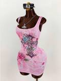 Tie dye rhinestone cross printed vest dress