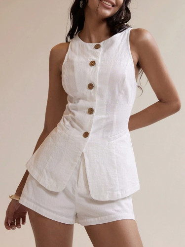 Linen suit sleeveless vest two-piece split set