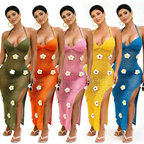 Knitted Hand Hook Strap Hook Flower Split Beach Dress