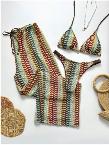 Colorful knitted lace up pants bikini three piece set