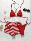 Red striped boxer shorts bikini three piece set