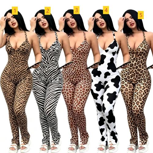 Printed vest with pleats, tie straps, backless split jumpsuit