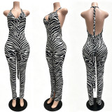 Printed vest with pleats, tie straps, backless split jumpsuit