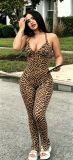 Printed vest with pleats, tie straps, backless split jumpsuit