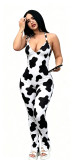 Printed vest with pleats, tie straps, backless split jumpsuit