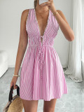 Sleeveless striped deep V-neck dress