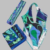 Square scarf+headscarf striped bikini swimsuit
