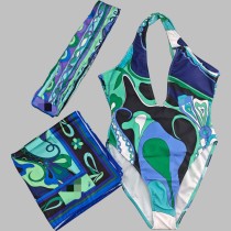 Square scarf+headscarf striped bikini swimsuit