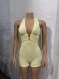 Pit striped multi-color hanging neck deep V-fold jumpsuit