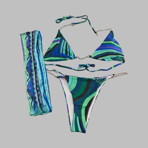 Square scarf striped bikini swimsuit