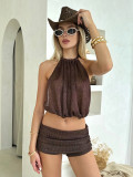 Two piece set of loose top with exposed navel and straps, sleeveless shorts