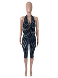 Wave print hanging neck backless two-piece set (double-layer)