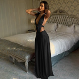 Lace up hanging neck backless lace patchwork dress