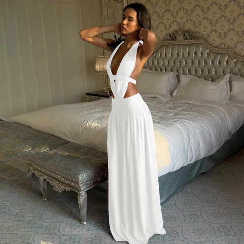 Lace up hanging neck backless lace patchwork dress