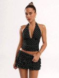 Polka dot printed neck hanging vest with black fungus edge short skirt set
