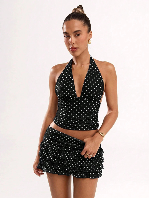 Polka dot printed neck hanging vest with black fungus edge short skirt set