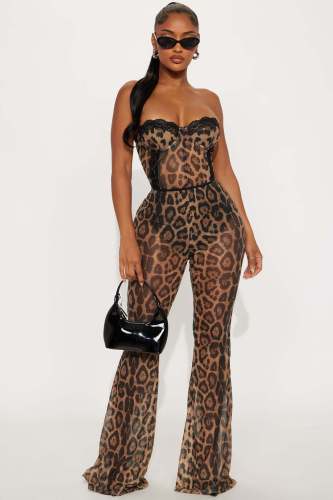Leopard print strapless tight two-piece set (with chest cushion)