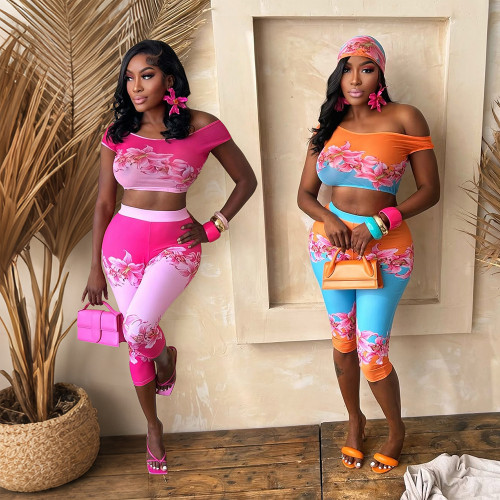 Printed off shoulder high waisted top and pants set
