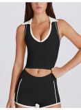 Sleeveless sport V-neck top vest with chest cushion contrasting color lapel yoga suit set