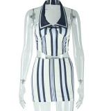 Digital Printed Sleeveless Hanging Neck Stripe Contrasting Hip Pack Skirt Set