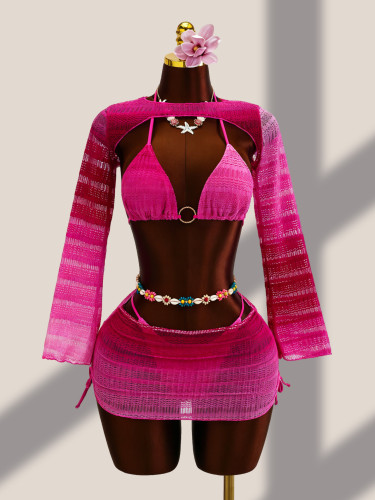 Knitted four piece swimsuit with neck hanging and hollowed out bikini