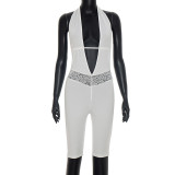 Hanging neck, exposed back, tie up, deep V-neck, waist splicing, lace five part jumpsuit