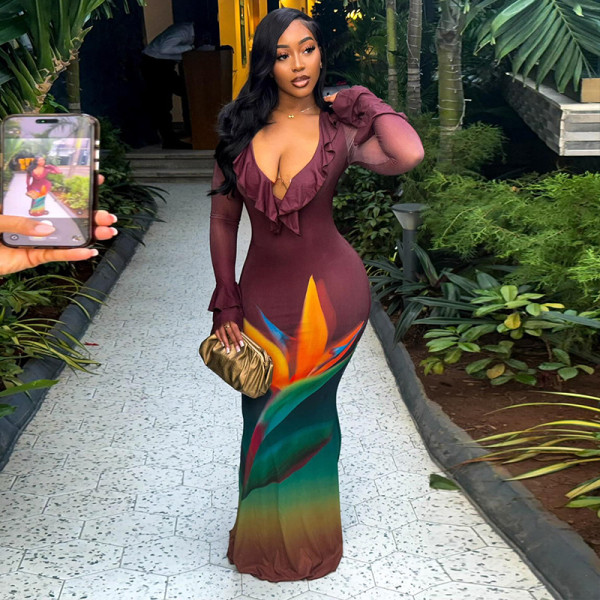 Low cut V-neck color blocked long dress