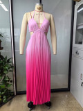 Backless strap hanging neck strapless pleated gradient dress