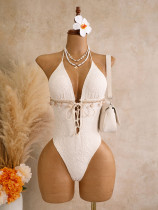 Solid color one-piece neck strap jacquard bikini swimsuit