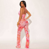 Hanging neck printed backless jumpsuit