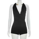 Hanging neck suspender, pleated backless jumpsuit shorts