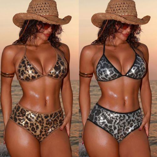 Sequin split hem flat leg pants split swimsuit